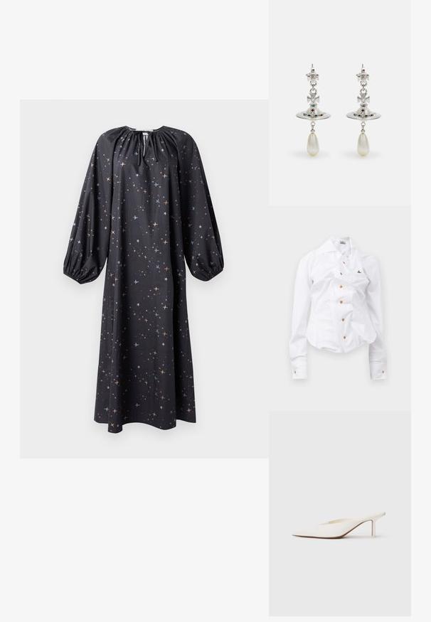 Długa czarna sukienka z marszczonym dekoltem, balonowymi rękawami i gwiazdkowym wzorem w pomarańczowych i niebieskich odcieniach. Wykonana z lekkiego materiału.; Biała koszula z długim rękawem o dopasowanym kroju. Posiada dużą kołnierz, zapięcie na guziki z przodu z brązowymi guzikami oraz małe haftowane logo.; Białe mule z ostrym noskiem i niskim obcasem w kształcie słupka. Wykonane z gładkiego materiału o minimalistycznym designie i subtelnym brązowym detalem na podeszwie.; Srebrne kolczyki z okrągłym kółkiem, ozdobione błyszczącymi kamieniami i wiszącą perełką w kształcie kropli. Charakterystyczny wzór z misternymi akcentami.