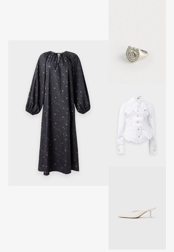 Duga crna haljina s naboranim dekolteom, balon rukavima i uzorkom zvijezda u narančastim i plavim nijansama. Izrađena od lagane tkanine.; Bijela košulja dugih rukava s uskim dizajnom. Sadrži veliki ovratnik, prednje zatvaranje na gumbe smeđe boje i mali vezeni logotip.; Bijele mule sa šiljastim vrhom i niskom stiletto petom. Napravljene su od glatkog materijala s minimalističkim dizajnom i suptilnim bež detaljem na potplatu.; Srebrni prsten u obliku potkove, ukrašen malim prozirnim draguljima duž vanjske ivice i središnjim dizajnom koji sadrži križ.