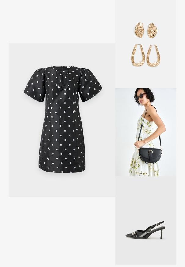 Musta mekko, jossa on lyhyet puffihihat, valkoisia pilkkuja ja kaksi etubow't. Valmistettu sileästä kankaasta, jossa on pyöreä kaula-aukko ja vetskari.; Musta patenttinen nahkainen slingback-kengät, joissa on terävä nenä, nilkkahihnat hopeisilla soljilla ja varusteilla sekä hoikka korko.; Musta nahkainen käsilaukku, joka on kaareva muotoilultaan, irrotettavalla hihnalla ja kultaisilla yksityiskohdilla. Laukussa on läppä, jossa on solk yksityiskohta.; Korukultainen korvakorut, joissa on teksturoituja, aaltoilevia muotoja. Mukana on veistokselliset klipsikorvakorut ja avoin rengasmalli, jossa on vasaroitu pinta.