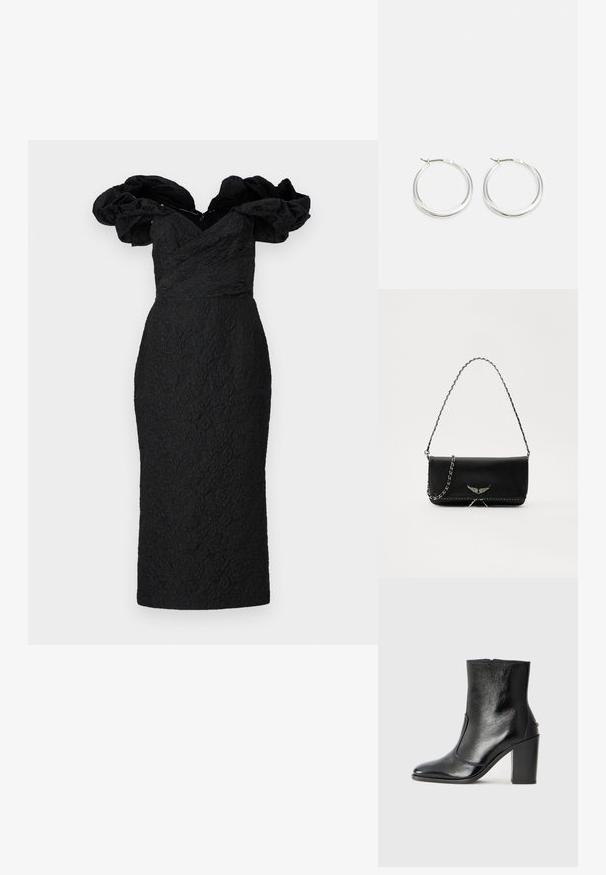 Marchesa Notte Společenské šaty - black; Černé kožené kotníkové boty s hladkou texturou, špičatou špičkou a robustním vysokým podpatkem. Mají boční otvor a minimalistický design.; Černá kožená kabelka se stříbrným řetízkovým popruhem, zdobená dekorativními křídly a bílým prošíváním podél spodního švu.; Stříbrné kroužkové náušnice mají hladký, zaoblený design s tenkým profilem a bezpečným zapínáním. Minimalistický styl s lesklým povrchem.