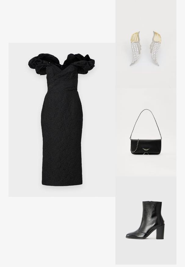 Marchesa Notte Alkalmi viselet - black; Fekete bőr bokacipő sima textúrával, hegyes orral és vastag, magas sarkával. Oldalnyílással és minimalista dizájnnal rendelkezik.; Fekete bőrtáska ezüstlánc pánttal, díszes szárnyakkal és fehér varrással az alsó varrat mentén.; Két szárnyformájú fülbevaló, ezüstszínű fémből, átlátszó, kerekre csiszolt strasszokkal és aranyszínű fémbetétekkel, rétegezett kialakítással.