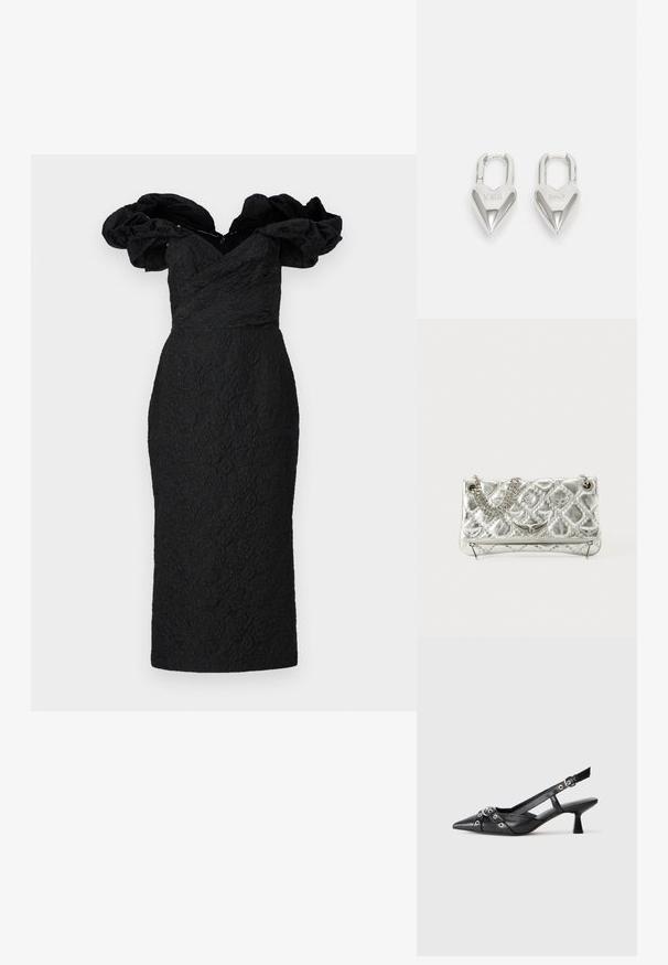 Marchesa Notte Pidulikud riided - black; Must must have must toote tõmblukuga, dekoratiivsed rihmad metallist silmadega ja madal blokk-kand. Tekstureeritud pind.; Hõbedane metallist käekott ahelakäepidemega, koos tepitud tekstuuri, dekoratiivse õmbluse ja lukuga. Esiküljel on embosseeritud aktsendid.; Hõbedased südamekujulised lukuvidinad, millel on kohandatud "JAA" ja "EI" tekst, poleeritud viimistlus, sümmeetriline disain ja tugev metallist klamber.