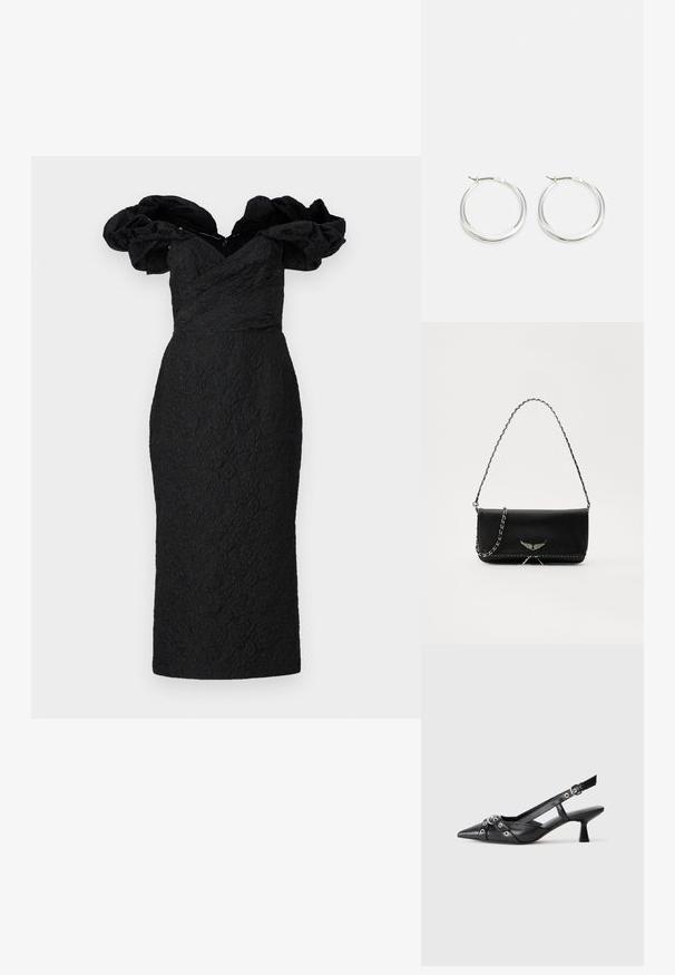 Marchesa Notte Festklänning - black; Svart lädersko med slingback-design, spetsig tå, dekorativa remmar med metallöglor och en låg klack. Texturerad yta.; Svart läderhandväska med en silverkedja, prydd med dekorativa vingdetaljer och vit sömnad längs den nedre sömmen.; Silver hoopörhängen har en slät, rund design med en tunn profil och säker låsning. Minimalistisk stil med en polerad yta.