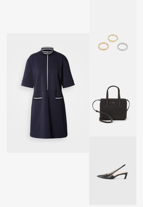 Robe bleu marine à manches courtes avec un col montant et une fermeture éclair à l'avant. Présente des accents à rayures blanches sur le col et deux poches avant.; Slingback noir à bout pointu avec un petit talon, en cuir lisse et doté d'un design découpé sur le côté pour plus de respirabilité.; Sac à main noir avec deux poignées courtes et une bandoulière amovible. Matière lisse semblable à du cuir avec une fermeture éclair et un détail de logo.; Trois anneaux en métal : un en or rose, un en or avec des accents texturés, et un en argent, tous avec une gravure de marque à l'intérieur de la bande.