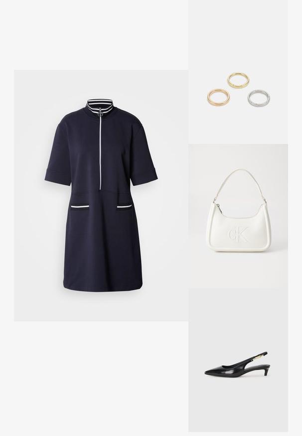 Marineblaues kurzes Kleid mit hohem Kragen und Reißverschluss vorne. Mit weißen gestreiften Akzenten am Kragen und zwei Vordertaschen.; Schwarze Leder-Slingback-Pumps mit spitzem Schuhblatt, ausgestattet mit einem schlanken Absatz und einem goldfarbigen Akzent am verstellbaren Riemen. Glatte Textur.; Weiße Lederhandtasche mit abgerundeter Form, ausgestattet mit einem geprägten "CK"-Logo auf der Vorderseite und einem Einzel-Schultergurt. Reißverschluss oben.; Drei Metallringe: einer in Roségold, einer aus Gold mit strukturierten Akzenten und einer aus Silber, alle mit graviertem Branding auf dem inneren Band.