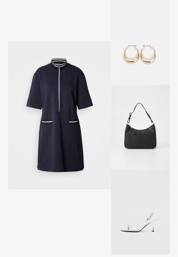 Rochie marină cu mânecă scurtă, guler înalt și fermoar frontale. Prezintă accente albe cu dungi pe guler și două buzunare frontale.; Sandale cu toc înalt slingback din piele patent argintie, cu o curea îngustă pe degete, cataramă ajustabilă și un toc subțire.; Geantă de mână din piele neagră, cu o formă curbată, curea unică, închidere cu fermoar și un branding subtil pe față. Textură fină, design minimalist.; Cercei tip hoop cu tonuri de aur, în formă de semilună, cu suprafață lustruită și închidere cu balama. Textură netedă și finisaj reflectant care îmbunătățesc vizibilitatea.