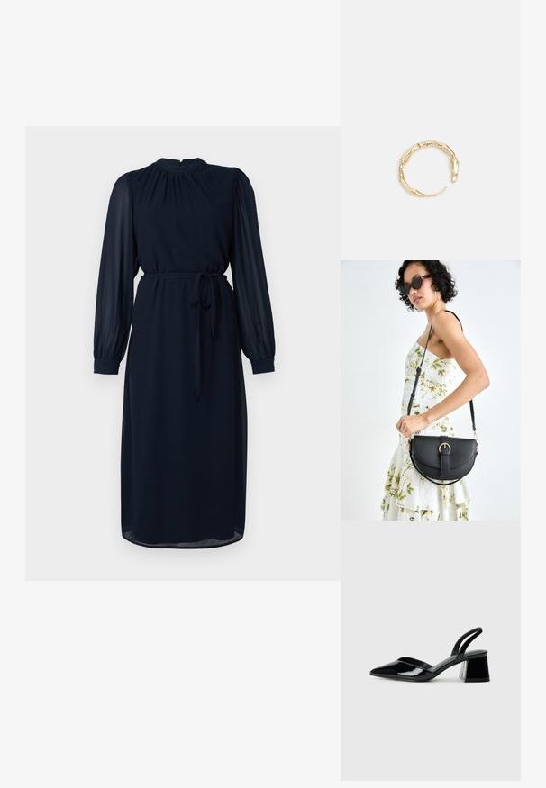 Tamsiai mėlyna suknelė su ilgomis permatomomis rankovėmis, aukštu kaklu ir juosmens raišteliu. Pagaminta iš lygaus audinio, su plazdančia, tiesia siluetu.; Juodos lakuotos odinės šlepetės su smailiu pirštu ir geometriniu bloko kulnu. Turi elegantišką, minimalistinį dizainą ir lygų paviršių.; Juodas odinis krepšys su išlenkta forma, nuimamu dirželiu ir auksiniais detalėmis. Krepšys turi kilpą su sagtimi.; Auksinės spalvos žiedas, turintis organišką, sukimosi dizainą su lygiu paviršiumi ir siaurėjančiais galais, sukuriantis modernią skulptūrinę išvaizdą.