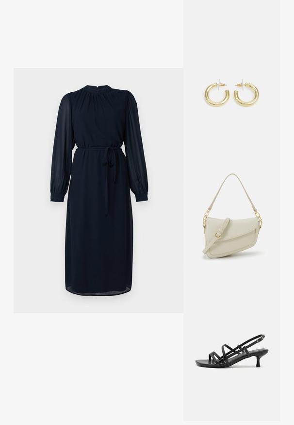 Námornícky modré šaty s dlhými priehľadnými rukávmi, vysokým výstrihom a pásikom v páse. Vyrobené z hladkej látky s voľným, rovným strihom.; Čierne sandále na podpätku s viacerými prekríženými remienkami. Hladký materiál, špicatá špička a úzky podpätok. Nastaviteľný remienok okolo členka s prackou.; Malá krémová kabelka s textúrovaným povrchom, dlhým nastaviteľným popruhom, reťazovým detailom a klopovým uzáverom. Zlaté kovové prvky.; Zlaté kruhové náušnice s hladkým, lesklým povrchom. Cirkulárny dizajn s malým steblom a jasným záznamom pre bezpečné nosenie.