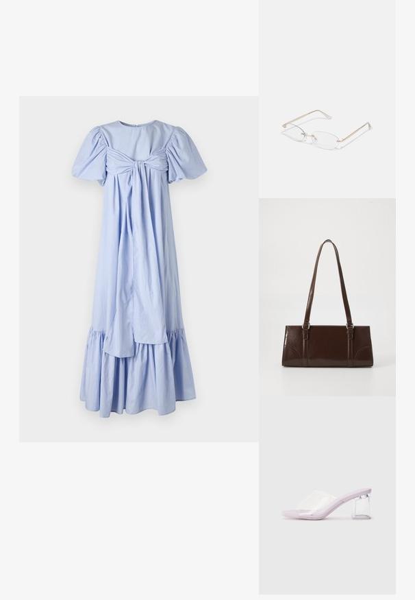 Šviesiai mėlynas medvilninis suknelė su pūstomis rankovėmis, su galine raištelių detale ir sluoksniuota volanų apatine dalimi. Išsiskiria lygia tekstūra ir laisvu siluetu.; Šviesiai violetinės aukštakulnės šlepetės su skaidriu plastikiniu priekiniu sieneliu ir permatomu blokiniu kulnu. Lygus paviršius, atviras pirštų dizainas, minimalistinė forma.; Auksiniai metaliniai akinių rėmeliai su ovaliais lęšiais, plonais šonais ir skaidriais nosies pagalvėlėmis. Yra subtilūs vyriai ir skaidrūs lęšiai.; Ruda lakuota oda rankinė, stačiakampio formos, su dviem ilgom rankenėlėmis ir subtiliais išlenktais akcentais priekyje.