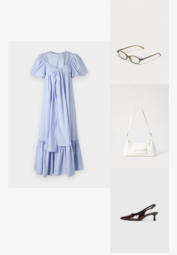 Vestido de algodão azul claro com mangas bufantes, detalhes de laço nas costas e uma bainha em camadas com volantes. Apresenta uma textura suave e um corte relaxado.; Sapato slingback em pele sintética castanha com bico pontiagudo e salto moderado. Apresenta uma fivela para um ajuste seguro. Textura suave.; Óculos tortoiseshell castanhos com lentes ovais, hastes finas e acabamentos transparentes. Apresenta um logótipo subtil na têmpora. Design elegante e leve.; Mala sintética branca com formato triangular, aba frontal plana e detalhe de laço, alça ajustável, textura suave e design minimalista.