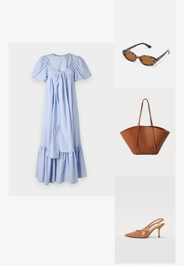 Světlomodré bavlněné šaty s nabíranými rukávy, detailem na zavazování vzadu a vrstveným volánkovým lemem. Mají hladkou texturu a uvolněný střih.; Sandy poprsko s úzkým podpatkem v hladkém, lesklém odstínu tan. Obsahuje zakřivený design s výřezem a štíhlý jehlový podpatek. Detail se stříbrnou sponou.; Sluneční brýle s želvovinovým vzorem a oválnými skly, hnědě tónovanými, tenké nožičky s texturovaným vzorem, lehký plastový rám.; Hnědá kožená taška přes rameno s širokým, strukturovaným tvarem, tenkými ušima a texturovaným povrchem. Disponuje minimalistickým designem bez viditelného kovového hardwaru.