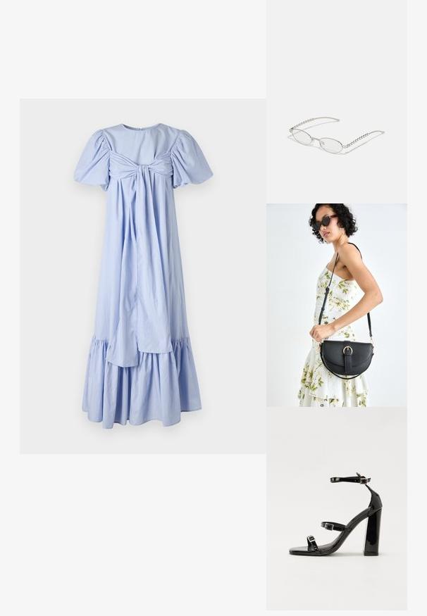 Gaiši zilas kokvilnas kleita ar pūkainām piedurknēm, auklas aizdari aizmugurē un pakāpenisku volānu apakšmalu. Ar gludu tekstūru un brīvu piegriezumu.; Melnas lakotas augstpapēžu čības ar kvadrāta purngalu, potīšu siksniņām un sudraba sprādzēm. Aprīkotas ar masīvu bloku papēdi stabilitātei.; Ovālas brilles ar metāliski sudraba rāmi, caurspīdīgām lēcām un teksturētām pērlīšu akcentiem uz tempļiem. Viegls dizains ar izliektiem kājiņām.; Melnas ādas rokassoma ar izliekta formu, noņemamu siksnu un zelta aksesuāriem. Somai ir vāciņš ar sprādzes detaļu.