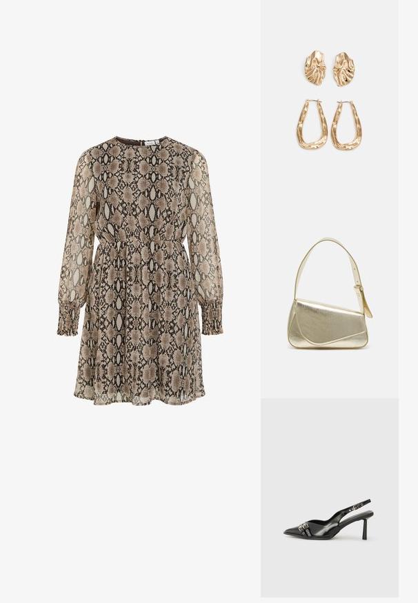 Barna és krémszínű kígyómintás ruha, áttetsző anyag, hosszú ujjak, ráncolt mandzsetták, karcsú derék, és kerek nyakkivágás hátul záródással.; Fekete lakk bőr, hegyes orrú slingback cipő, boka pántokkal, ezüst csatokkal és hardverelemekkel, valamint karcsú sarkú.; Arany fémes kézi táska, strukturált dizájnnal, sima felülettel és állítható pánttal. Egyedi háromszög alakú, minimalistának mondható varrásokkal rendelkezik.; Aranyszínű fülbevalók, texturált, hullámos formákkal. Tartalmazza a szobrászati klipszes studokat és az open hoop kialakítást, kalapácsos felülettel.
