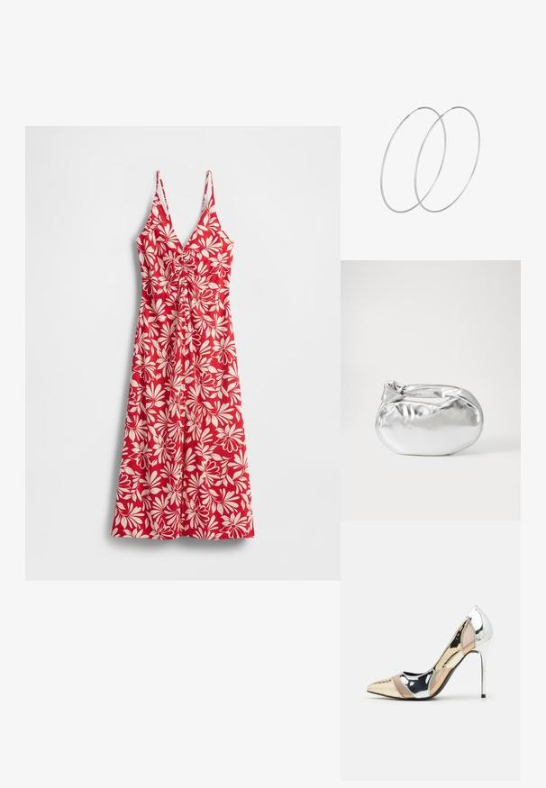 Rode bloemenjurk met witte bladpatronen, V-hals, verstelbare spaghetti bandjes, getailleerde taille en vloeiende rok.; Puntige hoge hak schoenen met een zilver, goud en nude kleurenschema. Glanzende afwerking met uitsnijdingen en een stiletto hak.; Zilveren metalen pouch bag met een zachte, afgeronde vorm en een geknoopte sluiting aan de bovenkant. Gemaakt van soepel faux leren materiaal.; Zilveren hoepel oorbellen met een minimalistisch ontwerp. Cirkelvormig, gladde textuur en dun profiel. Lichtgewicht met een gepolijste afwerking.