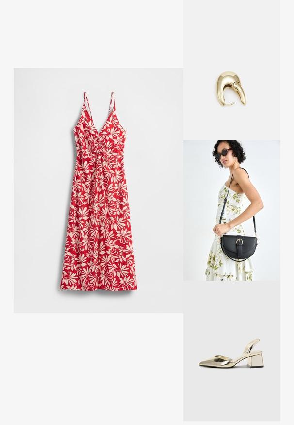 Punane lilleline kleit valgete lehemustritega, V-kaeluse, reguleeritavate õhukeste rihmade, pihta tõmmatud vöökoha ja lehviva seelikuga.; Kuldne, metallilised slingback-kudumid terava varba ja paksu kontsaga. Sile tekstuur, minimalistlik disain ja kitsas rihm.; Mustmust mustraha kõverate joontega, eemaldatava rihmaga ja kuldsete detailidega. Kotil on klapp, millel on pandladetail.; Kuldtooni metallist kõrvarõngas, millel on elegantne ja kaarjas disain. Omab silmapaistvat teravat kuju, poleeritud pinda ja hingesulgemist.