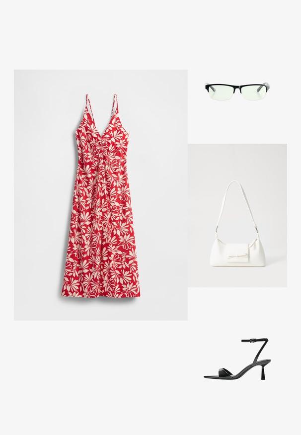 Abito rosso con motivi floreali bianchi a foglie, scollatura a V, spalline sottili regolabili, vita aderente e gonna fluente.; Bershka Sandali con tacco - black; Occhiali da vista rettangolari neri con lenti trasparenti, dotati di montatura nera elegante e punte delle tempie grigie trasparenti. Design minimalista, senza marchi visibili.; Borsa sintetica bianca a forma triangolare, con patta anteriore piatta e dettaglio a fiocco, tracolla regolabile, texture liscia e design minimalista.