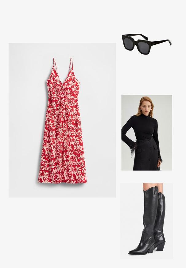 Punane lilleline kleit valgete lehemustritega, V-kaeluse, reguleeritavate õhukeste rihmade, pihta tõmmatud vöökoha ja lehviva seelikuga.; Must musta särk, millel on kõrge kaelus ja sulgedega äärised varrastes, kombineeritud kõrge vöökohtadega musta seelikuga, millel on suured nupud.; Põlveni ulatuvad mustad nahast saapad terava varba, tekstureeritud viimistluse ja massiivse kontsaga. Omavad külgset tõmbamisriba ja peeneid õmbluselemente.; Mustad mustad prillid paksude plastikraamide ja tumedate läätsedega. Käed on stiilsed läikiva viimistlusega ja minimaalse brändimisega.; Mustroone nahast käekott kaarjate vormidega, kuldse tooni detailide ja ülemise käepideme ning sujuva sulgemise ja sileda tekstuuriga.