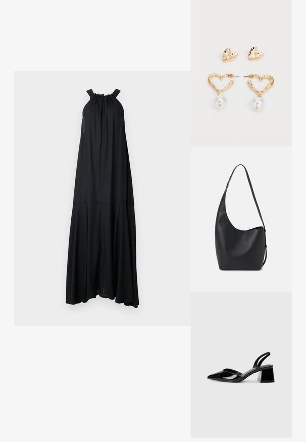 Fekete maxiruha gyűrt nyakkivágással és két vállpánttal. Laza sziluettekkel és réteges szegéllyel rendelkezik, könnyű anyagból készült.; Fekete lakk bőr szandálkés magas sarkú cipő, hegyes orral és geometrikus tömbsarkakkal. Karcsú, minimalista dizájn és sima textúra jellemzi.; Fekete bőr hobo táska sima textúrával, ívelt formával és egyetlen állítható pánttal; széles nyílás található a tetején.; Arany színű, szív alakú fülbevalók textúrált felülettel, lógó gyöngy díszítéssel. Tartalmazza a hozzá illő szív alakú bedugós fülbevalókat.