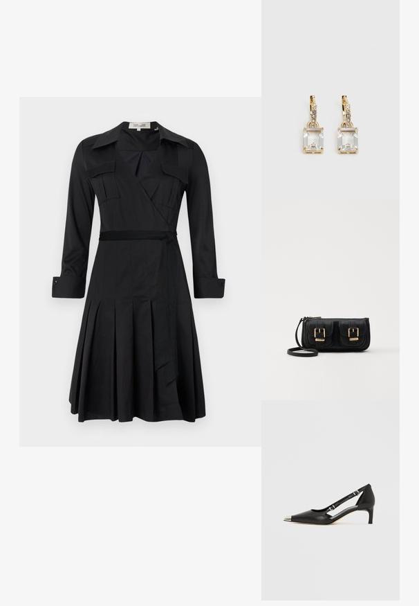 Črna obleka z zavihanimi rokavi, ovratnikom, dvema žepoma na prsih in pasom. Ima nabran krilo za dodaten teksturo in gibanje.; Črni usnjeni čevelj z rahlo peto, z ostro srebrno konico in dvema paščkoma z zaponkama na belem ozadju.; Črna usnjena torbica čez ramo z dvema sprednjima žepoma, zlatimi zaponkami, zadrgo in ozkim pasom. Tekstura površine je strukturirana, obliko pa ima kompaktno pravokotno.; Zlato obarvani uhani, ki vsebujejo pravokoten, prozoren kristal, obešen pod vrsto majhnih, okroglih prozornih dodatkov. Elegantna, moderna zasnova.
