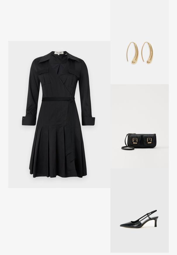Rochie neagră, cu mâneci lungi, guler, două buzunare pe piept și un cordon în talie. Dispune de o fustă plisată pentru textură și mișcare suplimentară.; Pantofi cu toc slingback negri din patent, cu vârf ascuțit, cu imprimeu de șarpe texturat, curea ajustabilă și toc scurt texturat.; Geantă neagră din piele, tip crossbody, cu două buzunare frontale, catarame aurii, închidere cu fermoar și o curea subțire. Suprafață texturată și formă rectangulară compactă.; Cercei din metal auriu, cu un design curbat și alungit. Au o suprafață netedă și strălucitoare, cu un vârf rotunjit pentru un detaliu suplimentar.