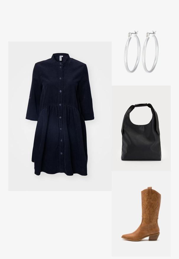 Jūrinės spalvos priedirbtas džinsinis suknelė su mygtukų užsegimu, mandarinų apykakle, trijų ketvirčių rankovėmis ir susiraukšlėtą juosmeniu. Minkšta tekstūra ir iki kelių ilgio.; Ruda odinė kantri batai su smailiu būtų pirštu, siuvinėtais spiralės raštais ant viršaus ir su kamščiu blokuotu kulnu. Yra tamprių užtraukių, kad būtų lengviau užsidėti.; Juoda odinė rankinė su plačiu atviru viršumi ir vienu petnešėlio dirželiu. Minkšta tekstūra, minimalistinis dizainas, subtilūs metaliniai akcentai.; Sidabriniai auskarai su sklandžiu, poliruotu paviršiumi. Apvalios formos ir saugus uždarymo mechanizmas. Lengvas dizainas, tinkantis kasdieniam dėvėjimui.