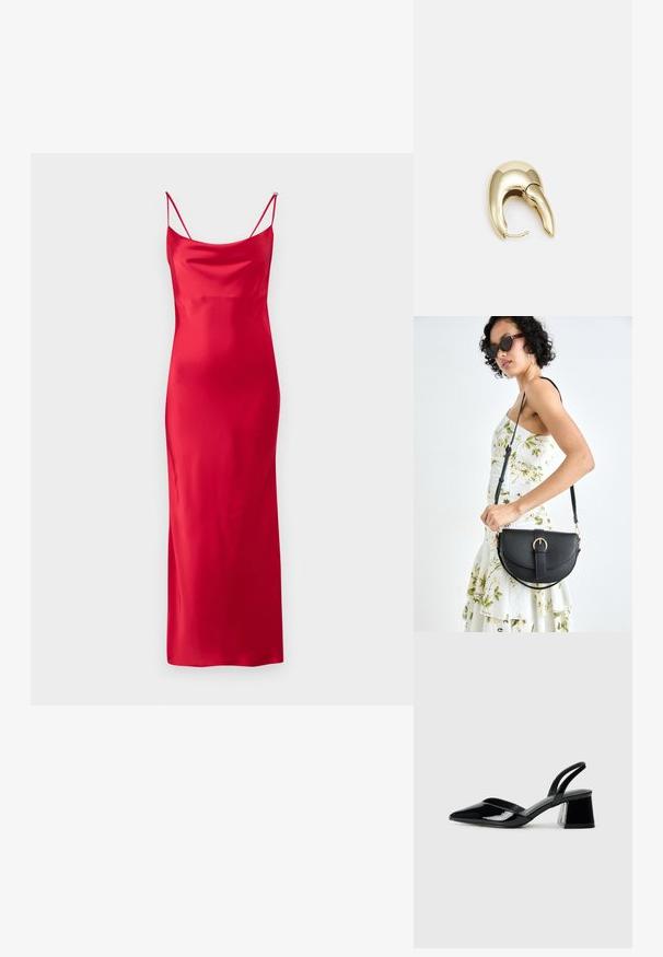 HUGO KAPARTI - Koktélruha / Partiruha - medium red; Fekete lakk bőr szandálkés magas sarkú cipő, hegyes orral és geometrikus tömbsarkakkal. Karcsú, minimalista dizájn és sima textúra jellemzi.; Fekete bőrtáska ívelt formával, levehető pánttal és arany színű fémrészekkel. A táskán egy csattal díszített fedél található.; Aranyszínű fém fülbevaló, elegáns, ívelt formával. Különleges hegyes alak, fényes felszín és zsanéros záródás jellemzi.