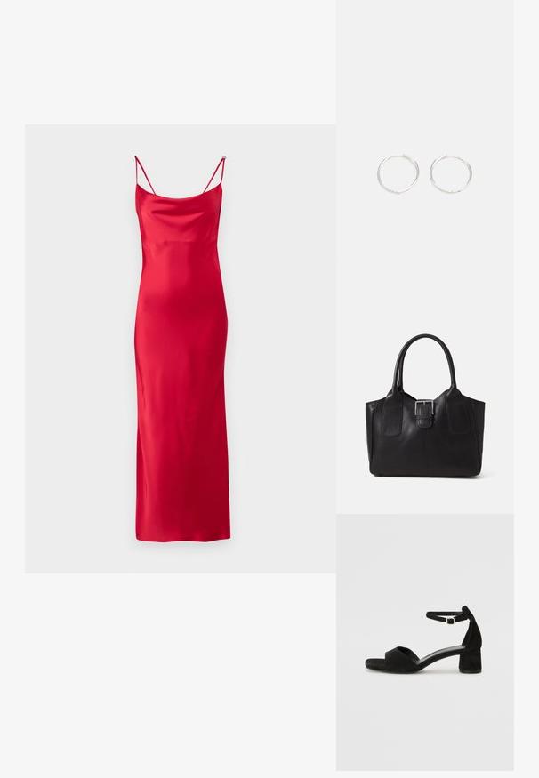 HUGO KAPARTI - Koktailové šaty/večierkové šaty - medium red; Čierne semišové sandále na podpätku s tenkým popruhom okolo členku, otvorenou špičkou a skromným blokovým podpätkom. Hladká textúra a minimálne akcenty.; Čierna kožená taška s hladkou textúrou, štruktúrovaným tvarom, dvoma uchami a výrazným strieborným prackovým detailom na prednej strane.; Strieborné kruhové náušnice s elegantným, okrúhlym dizajnom, s hladkým povrchom a bez viditeľných ozdôb. Priemer nie je špecifikovaný.