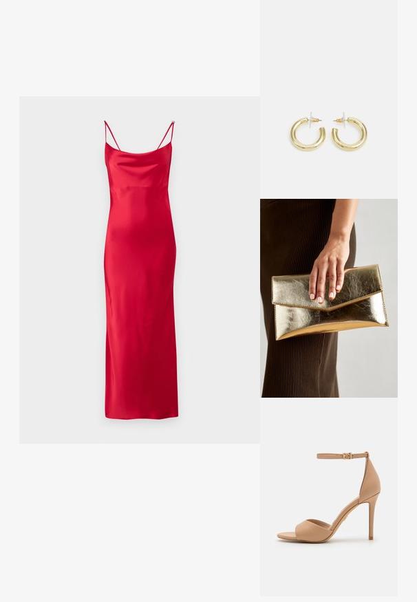 HUGO KAPARTI - Kokteilinė suknelė / vakarėlių suknelė - medium red; ALDO CRERIDE PILLOW WALK - Sandalai - beige; Auksinės metalinės rankinės su lygiu paviršiumi, kuri turi trikampio formos užsegimą. Ranką laikančioji turi tvarkingai prižiūrėtus nagus.; Aukso auskarai su lygiu, blizgiu paviršiumi. Apvalus dizainas su maža užrakto dalimi ir skaidria atrama saugiam nešiojimui.