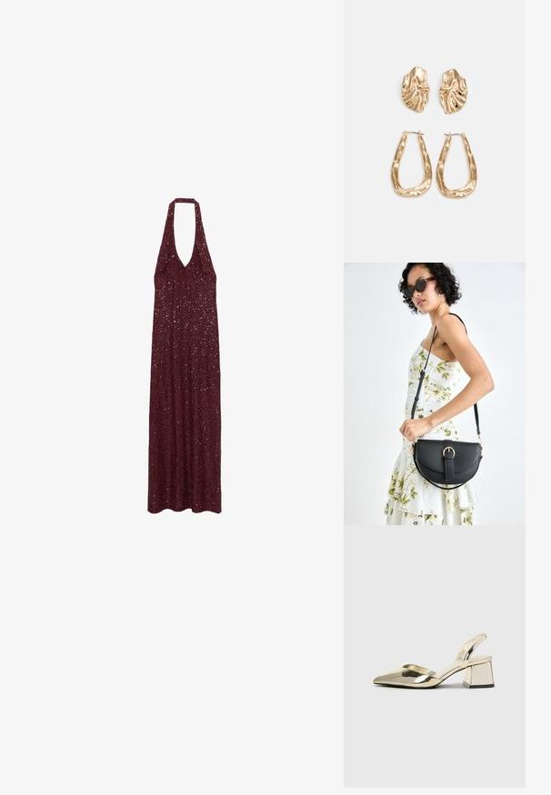 Burgunderfarbene Halterneck-Kleid aus Paillettenstoff, bodenlang mit lockerer Passform und V-förmigem Ausschnitt. Glatte Textur mit funkelnden Akzenten.; Goldene, metallische Slingback-Absätze mit spitzem Zeh und dicker Ferse. Glatte Textur, minimalistisches Design und ein schmaler Riemen.; Schwarze Lederhandtasche mit geschwungener Form, abnehmbarem Tragegurt und goldenen Beschlägen. Die Tasche verfügt über einen Deckel mit einer Schnallen-Details.; Ohrringe in Goldoptik mit strukturierten, gewellten Formen. Beinhaltet skulpturale Clip-Ohrringe und ein offenes Hoop-Design mit gehämmertem Finish.