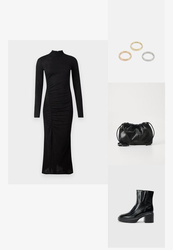 Robe noire à manches longues avec un col montant, des détails plissés sur le côté, et une silhouette droite, fabriquée dans un tissu lisse et extensible.; Bottines en cuir verni noir avec un bout arrondi, des panneaux latéraux en élastique et un talon épais. Comprend un logo embossé à l'arrière.; Sac à main en cuir noir avec un design froncé, fermeture à double cordon et bandoulière amovible. Présente un détail de logo métallique.; Trois anneaux en métal : un en or rose, un en or avec des accents texturés, et un en argent, tous avec une gravure de marque à l'intérieur de la bande.