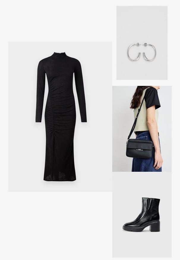 Schwarzes langärmliges Kleid mit hohem Kragen, Raffung an der Seite und gerader Silhouette, aus einem glatten, elastischen Stoff gefertigt.; Schwarze Lackleder-Stiefeletten mit einer geschwungenen Zehenpartie, elastischen Seiteneinsätzen und einem klobigen Blockabsatz. Mit geprägtem Logo auf der Rückseite.; Calvin Klein LINEAR CAMERA BAG - Umhängetasche - black; Silberne Creolen mit einer glatten, glänzenden Oberfläche. Abgerundete Form, leichtes Design, mit einer Steckverschluss.