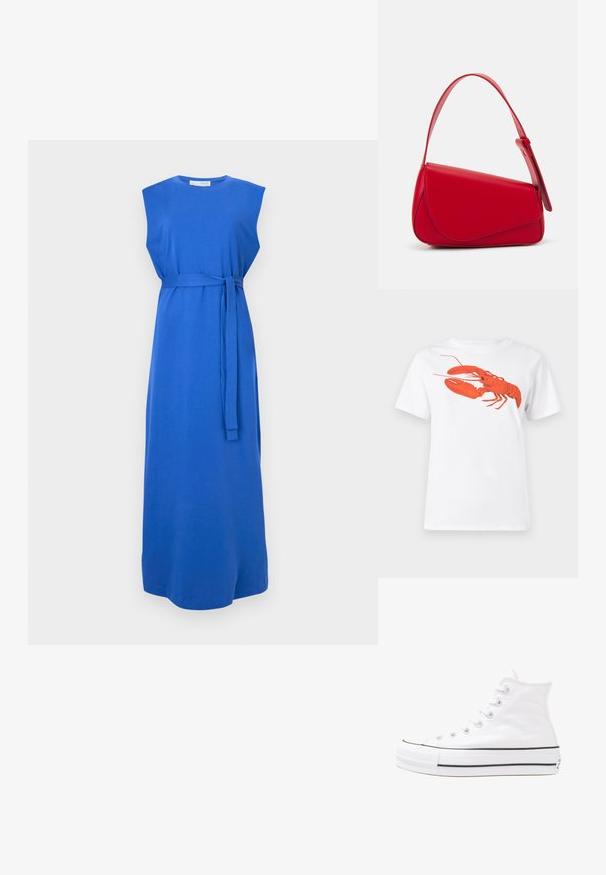 Mėlyna, be rankovių maxi suknelė, pagaminta iš minkštos medžiagos. Yra prigludęs juosmuo su surišamu diržu, lygus paviršius ir paprasta, elegantiška siluetas.; Balta medvilnė marškinėliai su dideliu, ryškiu raudonu omaru grafiku priekyje. Trumpomis rankovėmis ir standartiniu apvaliu kaklu.; Balti aukštakulniai drobės sportbačiai su juodu guminio pado, priekinio guminio piršto dangteliu ir šešiais akytėmis raištams, pasižymintys švariu, minimalistiniu dizainu.; Raudona odinė rankinė su kampuota, geometrine forma. Pasižymi viena reguliuojama dirželiu ir dangteliu su siuvinėtais dekoracijomis.