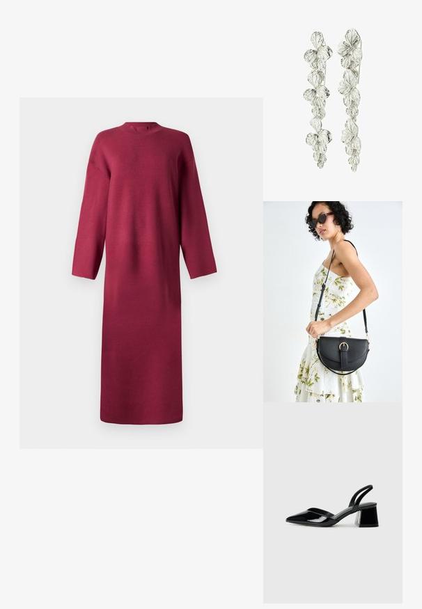 Bordo ilgomis rankovėmis mezginys su aukštu kaklu, laisvu siluetu ir tiesia forma, pasižymintis minkšta tekstūra ir nematomais segtukais.; Juodos lakuotos odinės šlepetės su smailiu pirštu ir geometriniu bloko kulnu. Turi elegantišką, minimalistinį dizainą ir lygų paviršių.; Juodas odinis krepšys su išlenkta forma, nuimamu dirželiu ir auksiniais detalėmis. Krepšys turi kilpą su sagtimi.; Sidabriniai auskarai su gėlių dizainu ir sluoksniuotomis lapų formomis. Tekstūra atrodo sudėtinga ir blizgi, pabrėžianti natūralų motyvą.