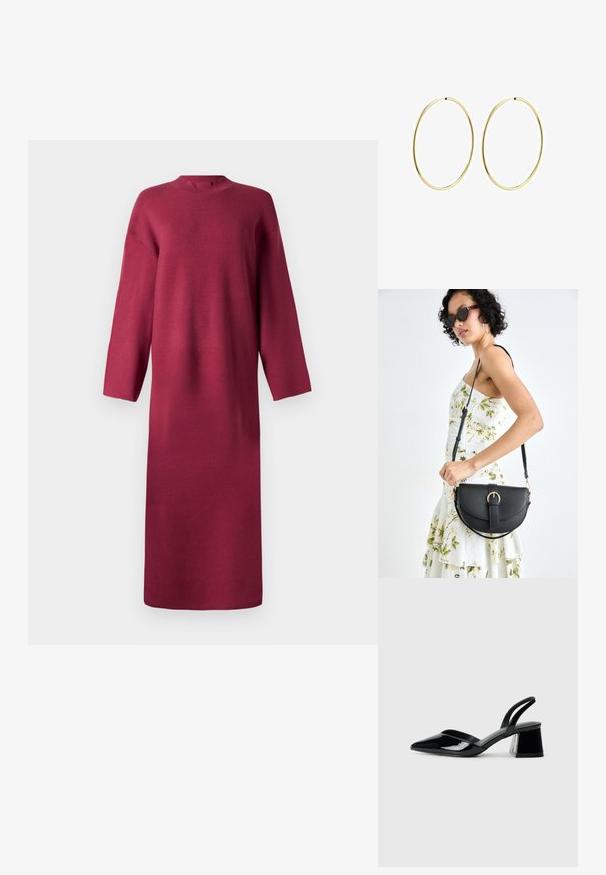 Burgundowa, dzianinowa sukienka z długim rękawem, z wysokim kołnierzem, luźnym krojem i prostą sylwetką, charakteryzująca się miękką fakturą i brakiem widocznych zapięć.; Czarne lakierowane półbuty na obcasie z wydłużonym noskiem i geometrycznym słupkiem. Charakteryzują się eleganckim, minimalistycznym designem oraz gładką fakturą.; Czarna skórzana torebka o zakrzywionym kształcie, z odpinanym paskiem i złotymi akcentami. Torebka posiada klapę z zapięciem w kształcie klamry.; Złote kolczyki w kształcie obręczy o gładkim, zaokrąglonym wzorze. Cienkie i lekkie, z ciągłą pętlą, bez żadnych ozdób.