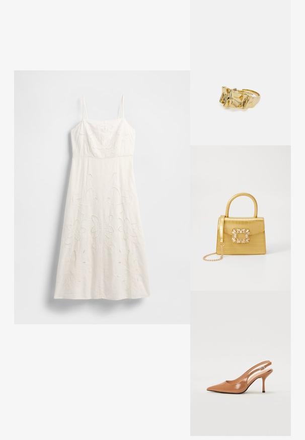 Bela obleka do kolen z ozkimi naramnicami, cvetličnim vezenjem in izrezanimi detajli. Narejena iz lahkega blaga s tekočim silhueto.; Slinčaste pete z ostro konico v gladkem, sijočem bež materialu. Imajo ukrivljen rez in vitko stiletto peto. Podrobnost s srebrno zaponko.; Rumeno usnjeno-usnje z vzorcem krokodila, s strukturiranim dizajnom, zgornjo ročajem, snemljivo verižico in dekorativnim kristalnim okrasjem na zaponki.; Zlati prstan z teksturiranim, valovitim dizajnom, ki ima tri izrazite vrhove. Gladka, sijoča površina z odprtim pasom za prilagodljivo prileganje.
