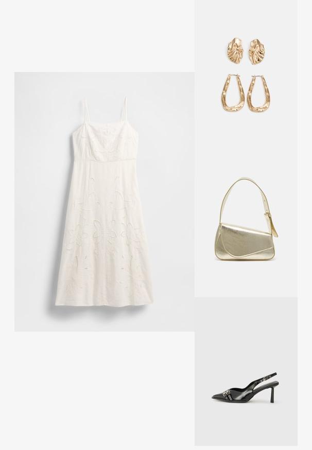 Vestido branco até ao joelho com alças finas, bordado floral e detalhes recortados. Feito de tecido leve com uma silhueta fluida.; Sapato slingback preto em pele patentada com bico apontado, tiras no tornozelo apresentando fivelas e acessórios prateados, e um salto elegante.; Bolsa de mão metálica dourada com um design estruturado, textura suave e alça ajustável. Apresenta uma forma triangular única e costura minimalista.; Brincos em tom de ouro com formas onduladas e texturizadas. Inclui studs escultóricos com presilha e um design de argola aberta com um acabamento martelado.