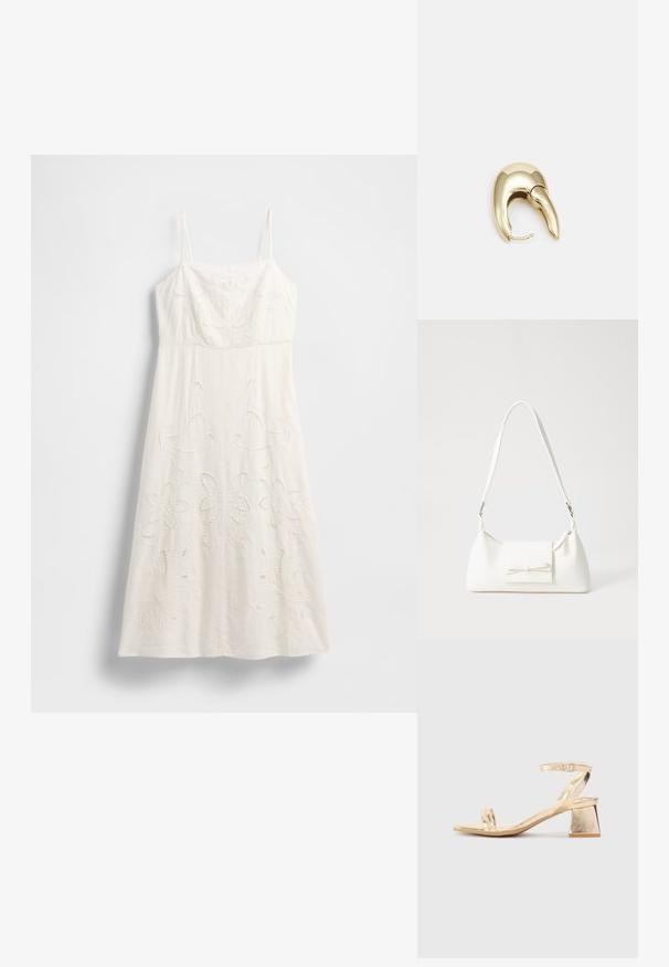 Vit knälång klänning med tunna band, blommig brodyr och utskurna detaljer. Tillverkad av lätt tyg med en flödande silhuett.; Guldmetalliska klacksandaler med en kantig blockklack, två remmar över foten och en justerbar vristrem. Slät textur.; Vit syntetisk handväska med triangulär form, platt framklaff och rosettdetalj, justerbar rem, slät textur och minimalistisk design.; Örhänge i guldtonad metall med en elegant, böjd design. Har en distinkt spetsig form, polerad yta och gångjärnslås.