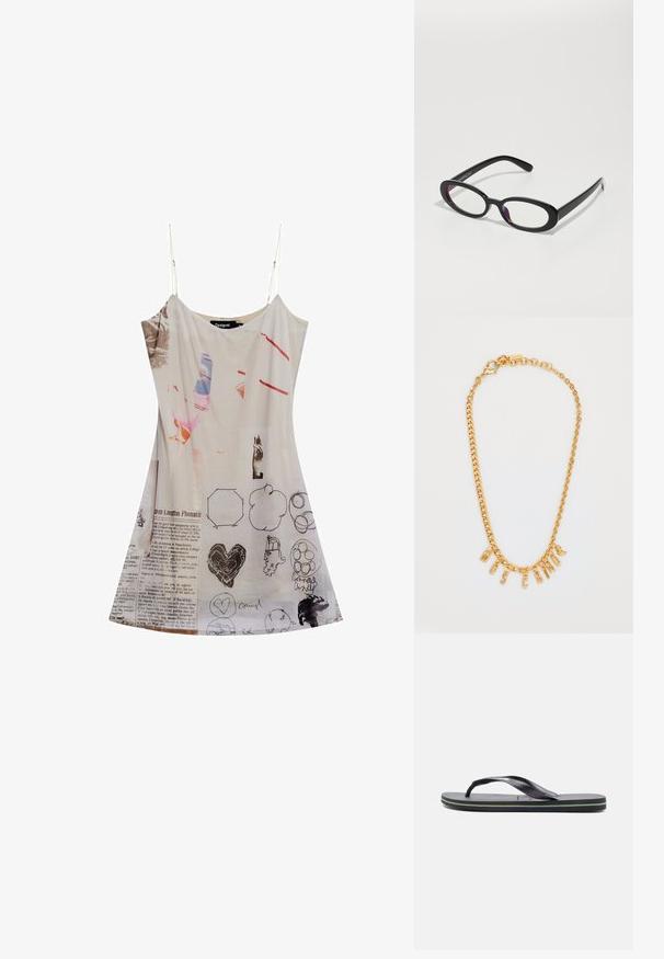 Vestido de tirantes de spaghetti en tejido blanco transparente con estampados gráficos mixtos, bocetos y texto. Diseño holgado, de longitud hasta la rodilla con una forma fluida.; Chancla negra con una plantilla texturizada, tiras delgadas y una suela de goma que presenta una línea de acento verde y azul a lo largo de la base.; Gafas ovaladas negras con cristales transparentes, con un acabado suave y patillas anchas. Los cristales tienen un ligero tinte morado. Logo en el lado.; Collar de cadena de oro con un colgante de letras que deletrean "MOSCATO". Textura suave con un cierre de langosta y eslabones de tamaños variados.