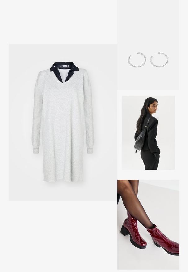 Helles graues Langarmkleid mit V-Ausschnitt und dunkelblauem Kragen. Weicher Stoff, lockere Passform, schlichtes Design, geeignet für Freizeitkleidung.; Rote Lackleder-Ankle Boots mit einem klobigen schwarzen Absatz und Reißverschlussdetails. Glatte Textur, elegantes Design mit runder Zehenpartie.; Frau mit langen dunklen Haaren, die einen schwarzen Anzug trägt und eine schwarze Lederschultertasche hält, schaut über ihre Schulter vor einem weißen Hintergrund.; Silberne Creolen mit gedrehter Gestaltung, ausgestattet mit einer polierten Oberfläche und einer Steckverschluss. Sie haben einen Durchmesser von ca. 3 cm.