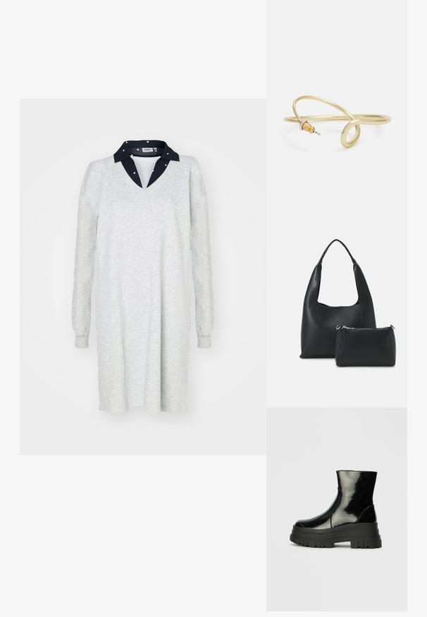 Vestido gris claro de manga larga con escote en V y cuello azul marino oscuro. Textura suave, corte holgado, diseño simple, adecuado para uso casual.; Botín negro brillante hasta el tobillo con suela gruesa y redondeada, vista lateral sobre un fondo gris claro liso.; Even&Odd Bolso de mano - black; Pulsera de metal color oro con un diseño fluido y curvado. Presenta un pequeño acento plateado prominente en un extremo.