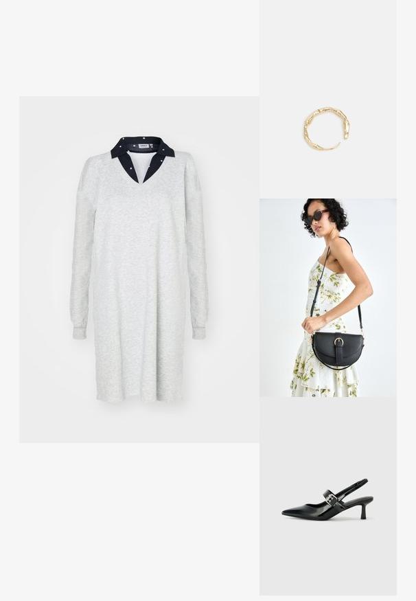 Hele halli pika varrukaga kleit V-kaelusega ja tumedast meresinisest kraest. Pehme tekstuur, lõdva istuvusega, lihtne disain, sobib igapäevaseks kandmiseks.; Mustad patenteeritud nahast sildiga kontsad, millel on terav nina ja väike plokk-konts, mille rihmal on hõbedane pandla aksessuaar.; Mustmust mustraha kõverate joontega, eemaldatava rihmaga ja kuldsete detailidega. Kotil on klapp, millel on pandladetail.; Kuldtoonis sõrmus, millel on orgaaniline, keerdunud disain sileda tekstuuri ja kitsenevate otstega, luues kaasaegse skulptuurilise välimuse.