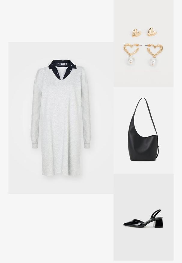 Svetlo siva obleka z dolgimi rokavi in V-izrezom ter temno mornarsko ovratnikom. Mehak material, ohlapen kroj, preprost dizajn, primerna za vsakodnevno nošenje.; Črne lakirane slingback pete s koničastim nosom in geometrijsko blokasto peto. Imajo eleganten, minimalističen dizajn in gladko teksturo.; Črna usnjena hobo torba z gladko teksturo, ukrivljeno obliko in eno nastavljivo naramnico; ima širok odprtina na vrhu.; Zlato obarvane uhane v obliki srca z teksturirano površino, ki vsebujejo viseči akcent bisera. Zajema tudi uhančke v obliki srca.