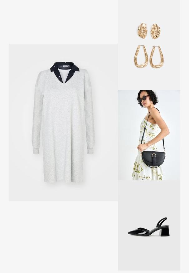 Svetlošedé dlhé rukávy šaty s výstrihom do V a tmavomodrým golierom. Mäkka textúra, voľný strih, jednoduchý dizajn, vhodné na neformálne nosenie.; Čierne lakované kožené sandálové podpätky s špicatou špičkou a geometrickým blokovým podpätkom. Disponujú elegantným, minimalistickým dizajnom a hladkým povrchom.; Čierna kožená kabelka s zaobleným tvarom, odnímateľným popruhom a zlatými doplnkami. Kabelka má klopu s detailom s prackou.; Náušnice v zlatej farbe s textúrovanými, vlnitými tvarmi. Obsahujú sochárske klipsové náušnice a otvorený tvar krúžku s kladivkovým povrchom.