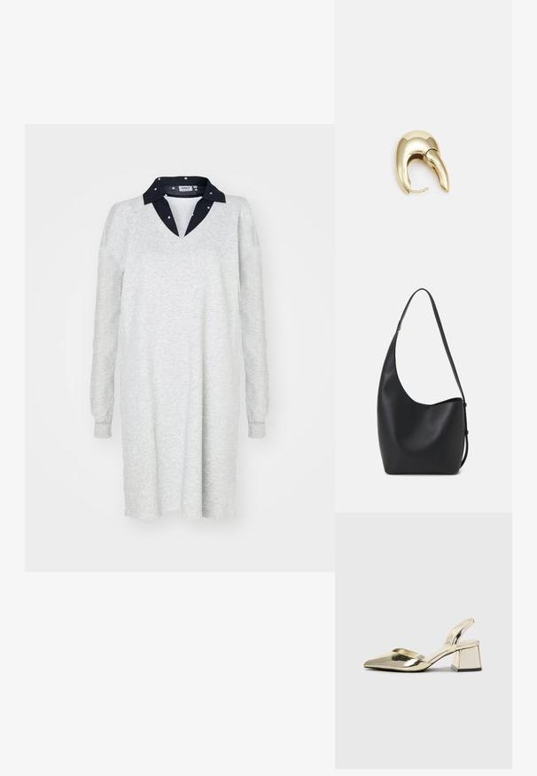 Svijetlosivi haljina dugih rukava s V-izrezom i tamnoplavim ovratnikom. Mekana tekstura, slobodan kroj, jednostavan dizajn, prikladno za ležerno nošenje.; Zlatni metalik slingback sandali s šiljatim vrhom i debelim potpeticama. Glatka tekstura, minimalistički dizajn i uski remen.; Crna kožna hobo torba s glatkom teksturom, zakrivljenim oblikom i jednom podesivom trakicom; ima širok otvor na vrhu.; Zlatne metalne naušnice s elegantnim, zakrivljenim dizajnom. Imaju karakterističan šiljast oblik, poliranu površinu i zatvaranje na šarku.