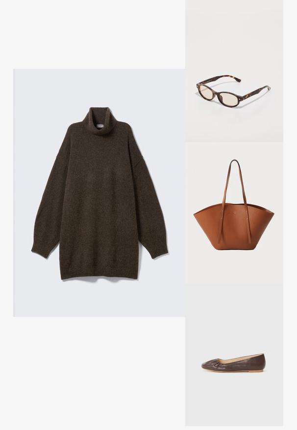 Suéter marrón de cuello alto sobredimensionado con hombros caídos, cuello acanalado y tejido suave y texturizado. Diseño simple y relajado.; Bailarina de cuero marrón con punta redondeada, detalles fruncidos en la parte delantera y una suela plana de color claro.; Gafas de sol carey con forma redonda y lentes claros. Presentan brazos resistentes con pequeños acentos en dorado, fabricadas en material plástico.; Bolso tote de cuero marrón con una forma ancha y estructurada, asas delgadas y un acabado texturizado. Presenta un diseño minimalista sin herrajes visibles.