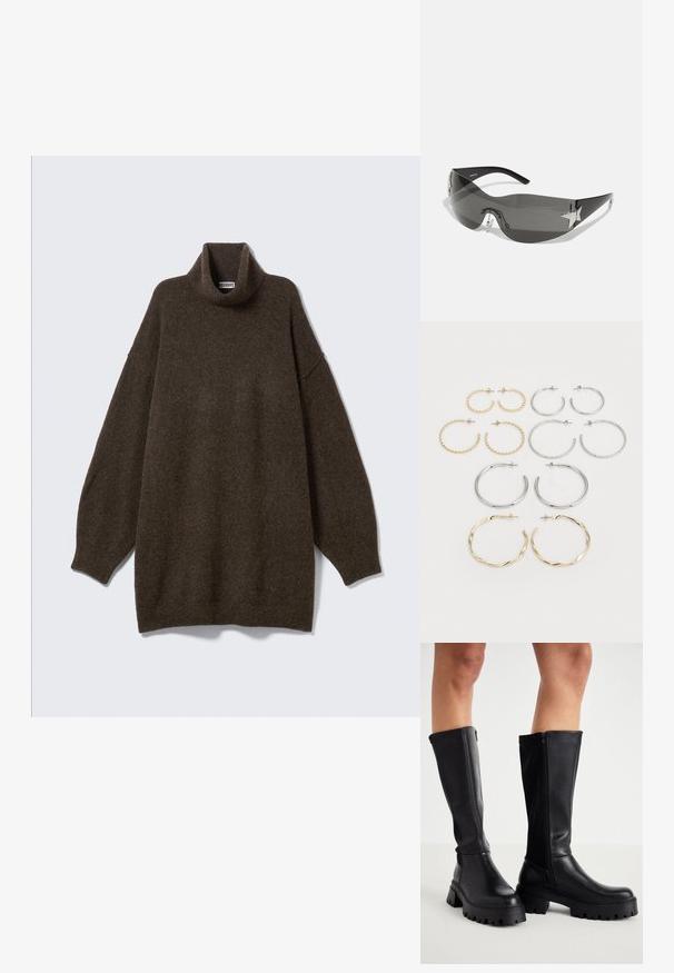 Übergroßer brauner Rollkragenpullover mit abgesenkten Schultern, geripptem Kragen und weichem, strukturiertem Stoff. Einfaches, entspanntes Design.; Schwarze kniehoge Stiefel aus glattem Kunstleder mit einer robusten Sohle, seitlichem Reißverschluss und einem runden Zehendesign.; Schwarze Sonnenbrille mit wrap-around Design, dunkel getönten Gläsern, glänzenden, sternförmigen Akzenten und verstellbaren Nasenpads.; Set aus zwölf Ohrhängern in Silber- und Goldtönen. Enthält gedrehte, glatte und strukturierte Designs in verschiedenen Größen und Oberflächen.
