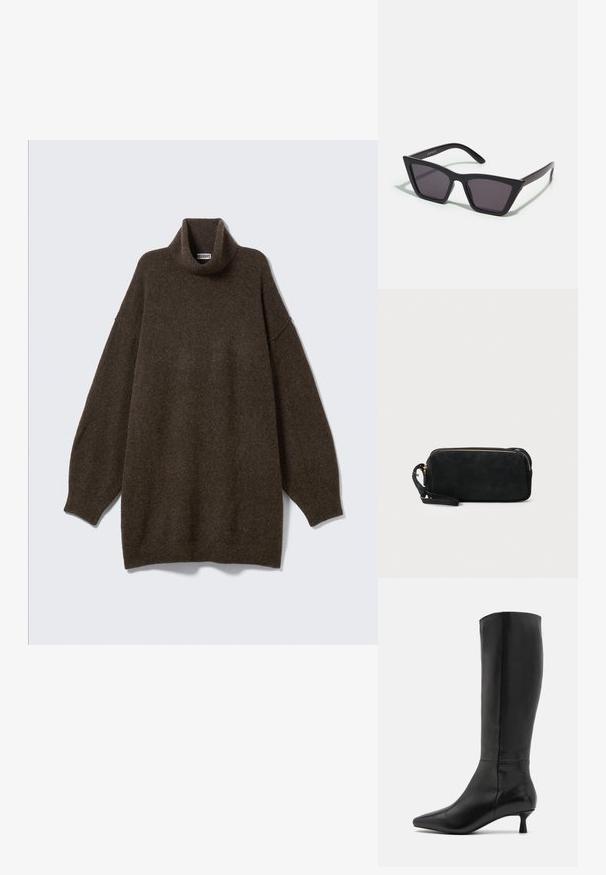 Nadrozmerný hnedý rolákový sveter s padnutými ramenami, rebrovaným golierom a mäkkou, textúrovanou látkou. Jednoduchý, pohodlný dizajn.; Zign Čižmy - black; Čierne, ostré slnečné okuliare so sivými sklami; vyrobené z plastu, majú hrubé ramená s hladkým povrchom a bez viditeľnej mechaniky.; Čierna semišová kabelka na ruku so zipsovým uzáverom a odnímateľným zápästným popruhom. Obsahuje zlaté kovové komponenty a hladký, matný povrch.