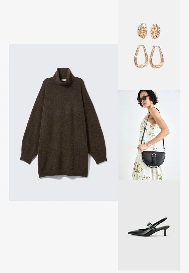 Lielizmēra brūns augsta apkakle džemperis ar nolaistām pleciem, ribota apkakle un mīksts, teksturēts audums. Vienkāršs, atslābināts dizains.; Melnas lakotas ādas sūkņa kurpes ar norādītu purngali un mazu bloku papēdi, ar sudraba sprādzi akcentā uz jostas.; Melnas ādas rokassoma ar izliekta formu, noņemamu siksnu un zelta aksesuāriem. Somai ir vāciņš ar sprādzes detaļu.; Zelta krāsas auskari ar teksturētām, viļņotām formām. Iekļauts skulpturāls piespraužams modelis un atvērta gredzenveida konstrukcija ar izsistām virsmām.