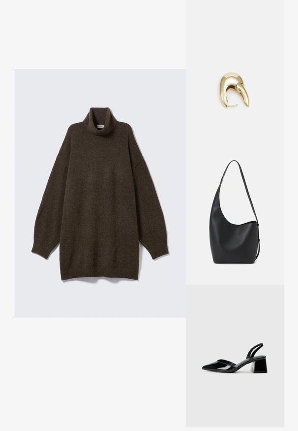 Oversized brown turtleneck sweater with dropped shoulders, ribbed neck, and soft, textured fabric. Simple, relaxed design.; Black patent leather slingback heels with a pointed toe and a geometric block heel. Features a sleek, minimal design and smooth texture.; Black leather hobo bag with a smooth texture, curved shape, and single adjustable strap; features a wide opening at the top.; Gold-tone metal earring with a sleek, curved design. Features a distinctive pointed shape, polished surface, and hinge closure.