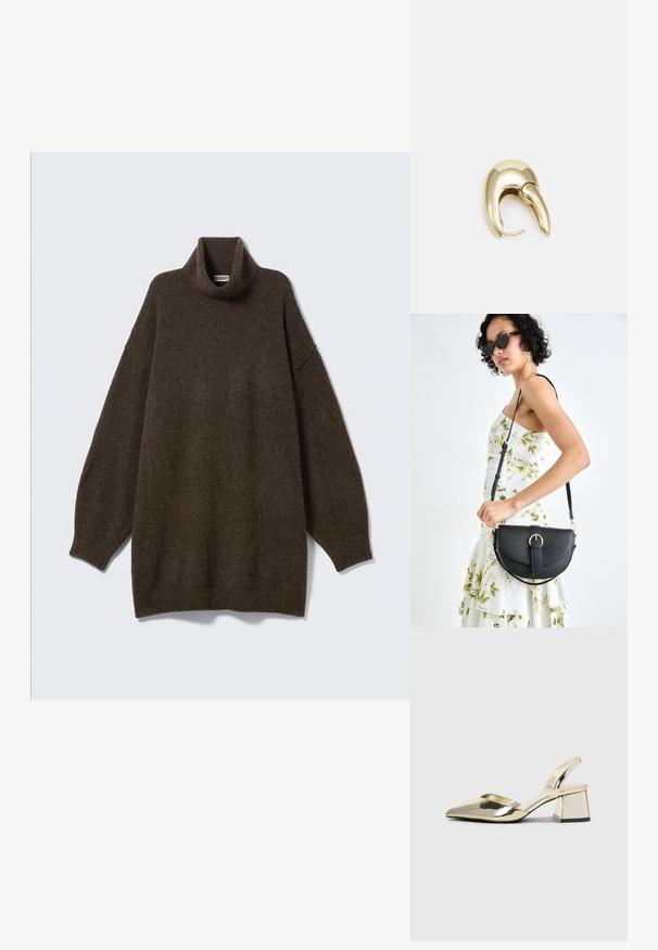 Túlméretezett barna magasnyakú pulóver lelógó vállakkal, bordázott nyakkal és puha, texturált anyaggal. Egyszerű, laza kialakítás.; Arany, fémből készült slingback sarkú cipők hegyes orral és vastag sarokkal. Simaság, minimalista design és keskeny pánt jellemzi.; Fekete bőrtáska ívelt formával, levehető pánttal és arany színű fémrészekkel. A táskán egy csattal díszített fedél található.; Aranyszínű fém fülbevaló, elegáns, ívelt formával. Különleges hegyes alak, fényes felszín és zsanéros záródás jellemzi.